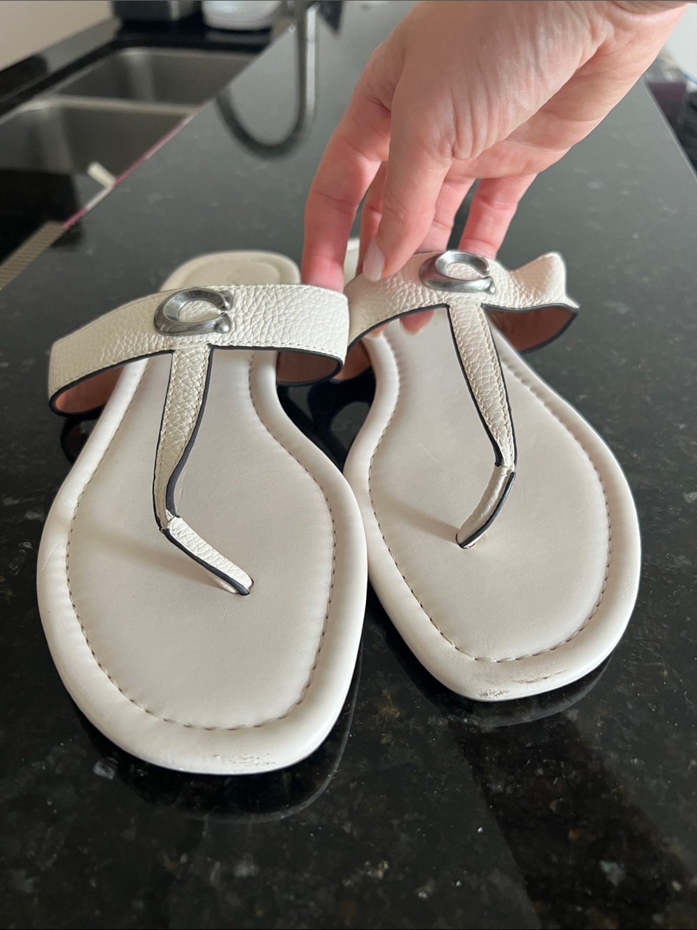 Coach White Leather Thong Sandals with Silver-Tone Hardware